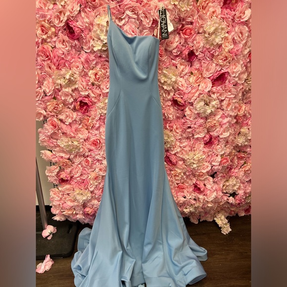 Jovani 06763 Periwinkle Size 8 One Shoulder Mermaid Long Dress With Mesh prom - Picture 3 of 7